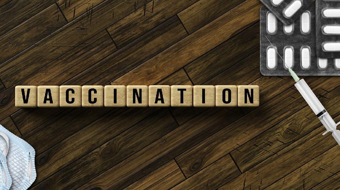 cubes with message VACCINATION and with syringe, face masks and cubes with message VACCINATION and with syringe, face masks and pills on wooden background. (123rf/ fotogestoeber )