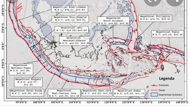 Penampakan potensi gempa bumi megathrust selatan dalam buku pusat study gempa nasional (PUSGEN) 2017.