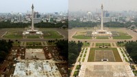 Nah, foto kombinasi selanjutnya menampikan Monas yang gundul disebelah kiri dan Monas usai direvitalisasi. Rengga Sancaya/detikcom.