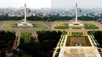 Foto kombinasi memperlihatkan suasana Monas yang terlihat asri di sebelah kiri yang diambil pada Maret 2019 lalu. Disebelah kanan, memperlihatkan kondisi monas pascarevitalisasi. Rengga Sancaya/detikcom.