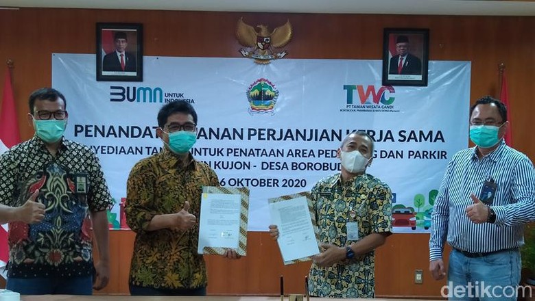 candi borobudur Penandatanganan perjanjian kerja sama (PKS) penyediaan tanah untuk penataan area pedagang dan parkir di Dusun Kujon, Desa Borobudur di Kompleks Manohara, Candi Borobudur.