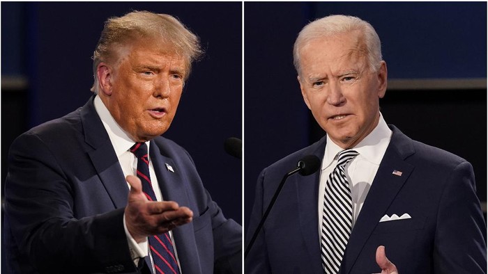FILE - This combination of Sept. 29, 2020,  file photos shows President Donald Trump, left, and former Vice President Joe Biden during the first presidential debate at Case Western University and Cleveland Clinic, in Cleveland, Ohio. Amid the tumult of the 2020 presidential campaign, one dynamic has remained constant: The Nov. 3 election offers voters a choice between substantially different policy paths. (AP Photo/Patrick Semansky, File)