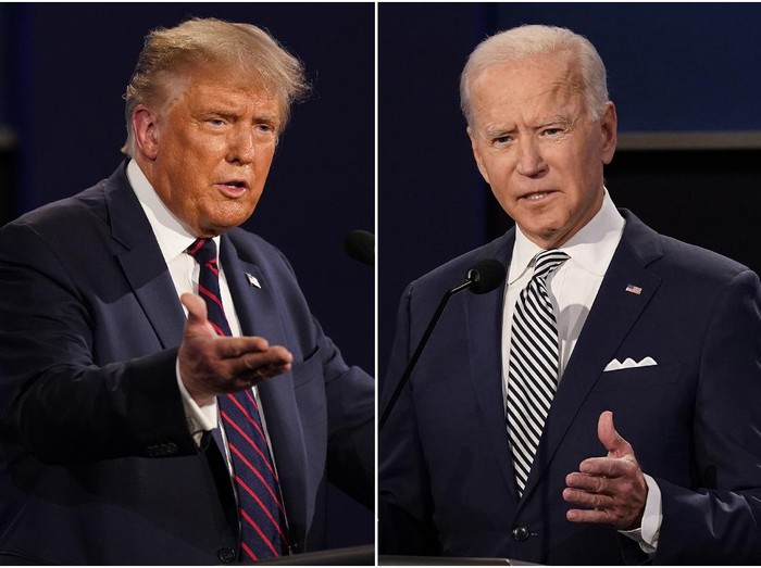 FILE - This combination of Sept. 29, 2020,  file photos shows President Donald Trump, left, and former Vice President Joe Biden during the first presidential debate at Case Western University and Cleveland Clinic, in Cleveland, Ohio. Amid the tumult of the 2020 presidential campaign, one dynamic has remained constant: The Nov. 3 election offers voters a choice between substantially different policy paths. (AP Photo/Patrick Semansky, File)