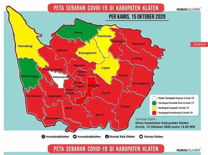 Peta sebaran zona merah COVID-19 di Klaten, Kamis (15/10/2020)