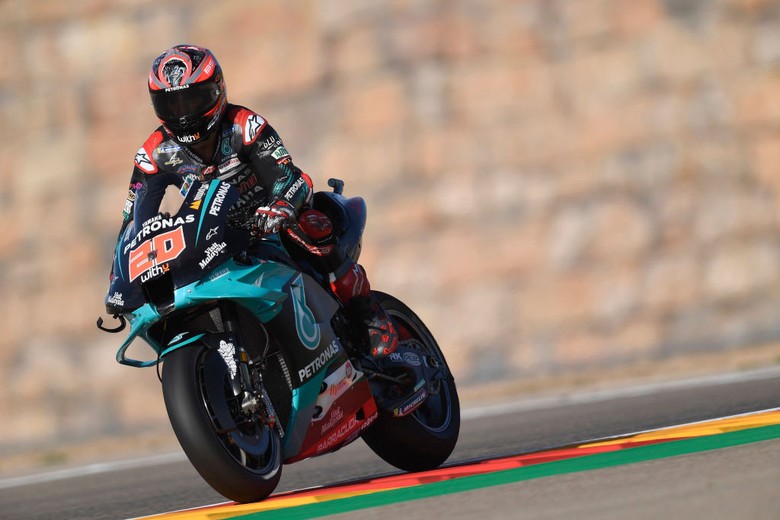 Fabio Quartararo ALCANIZ, SPAIN - OCTOBER 16: Fabio Quartararo of France and Petronas Yamaha SRT heads down a straight during the free practice for the MotoGP of Aragon at Motorland Aragon Circuit on October 16, 2020 in Alcaniz, Spain. (Photo by Mirco Lazzari gp/Getty Images)