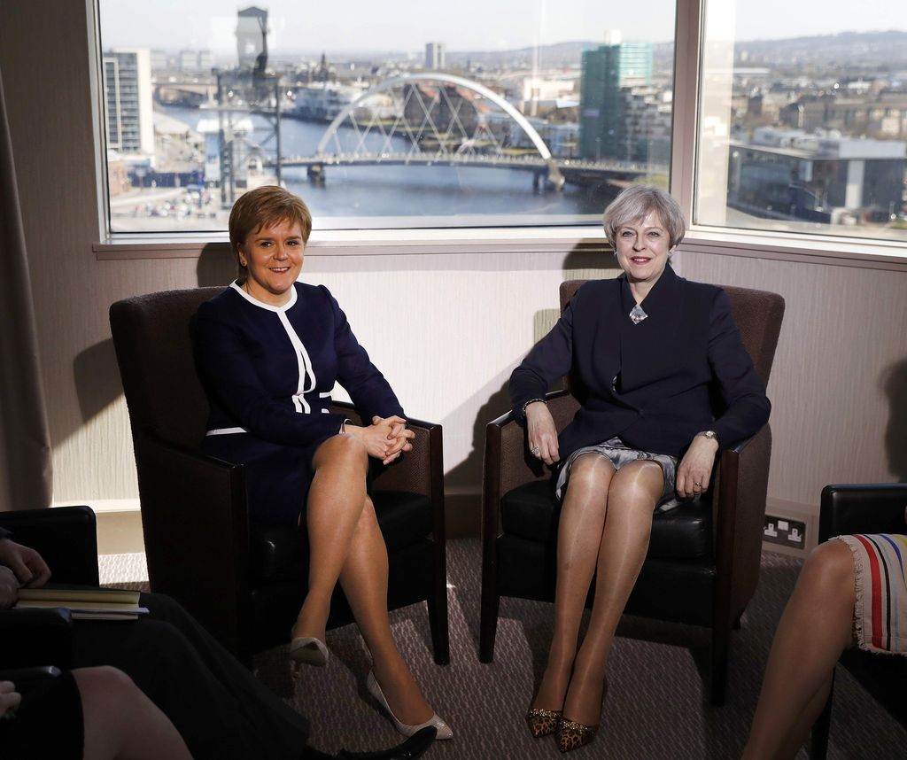 Nicola Sturgeon & Theresa May GLASGOW, SCOTLAND - MARCH 27: British Prime Minister Theresa May meets with Scottish First Minister Nicola Sturgeon at the Crown Plaza Hotel on March 27, 2017 in Glasgow, Scotland. The Prime Minister is in Scotland ahead of the triggering of Article 50 later in the week. (Photo by Russell Cheyne - WPA Pool/Getty Images)