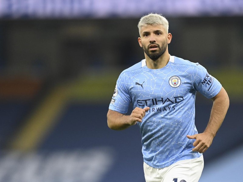 Manchester City's Sergio Aguero runs during the English Premier League soccer match between Manchester City and Arsenal at the Etihad stadium in Manchester, England, Saturday, Oct. 17, 2020. (Michael Regan/Pool via AP)