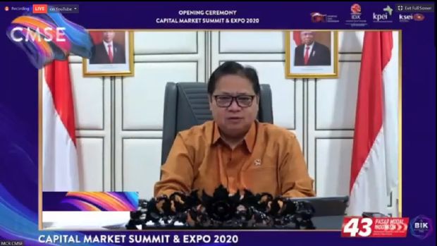 Airlangga Hartarto dalam acara Capital Market Summit and Expo 2020 (CMSE 2020). (Tangkapan Layar Youtube Indonesia Stock Exchange)