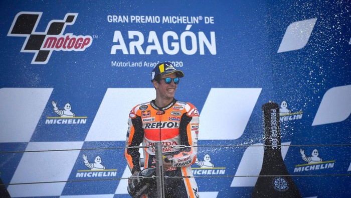 ALCANIZ, SPAIN - OCTOBER 18: Alex Marquez of Spain and Repsol Honda Honda celebrates the second place on the podium during the MotoGP race during the MotoGP of Aragon at Motorland Aragon Circuit on October 18, 2020 in Alcaniz, Spain. (Photo by Mirco Lazzari gp/Getty Images)