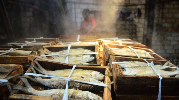 Pekerja menunjukkan ikan bandeng di Desa Dukutalit, Juwana, Pati, Jawa Tengah.