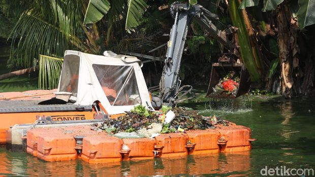 DKI Jakarta Environmental Services Agency Cleanup Implementation Unit Officer cleans trash from Situ Rawa Badung in Cakung, East Jakarta on Friday (July 2, 2020).  The existence of a trash-free lake around the dwelling area is useful for flood water catchment areas.  Of the approximately 109 reservoirs and reservoirs in DKI, normalization has only been completed in 16 reservoirs.