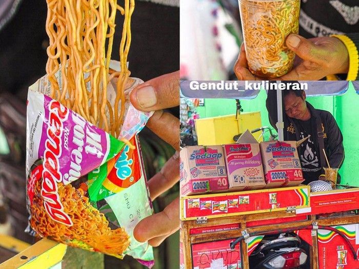 cara makan nyeleneh; makan mie di ember, makan mie langsung di bungkusnya, nasi goreng di plastik