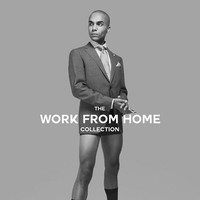 Model pria juga berpose mengenakan kaus kaki hitam panjang dan sandal slippers. Peluncuran koleksi ini berangkat dari fenomena WFH di mana pekerja tampak berpakaian rapi untuk meeting online, sementara dari pinggang ke bawah mereka mengenakan baju rumah demi kenyamanan. Foto: Dok. Henri Vezina