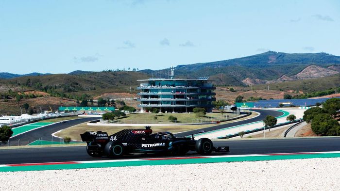 1281841048 PORTIMAO, PORTUGAL - OCTOBER 23: Lewis Hamilton of Great Britain driving the (44) Mercedes AMG Petronas F1 Team Mercedes W11 on track during practice ahead of the F1 Grand Prix of Portugal at Autodromo Internacional do Algarve on October 23, 2020 in Portimao, Portugal. (Photo by Armando Franca - Pool/Getty Images)