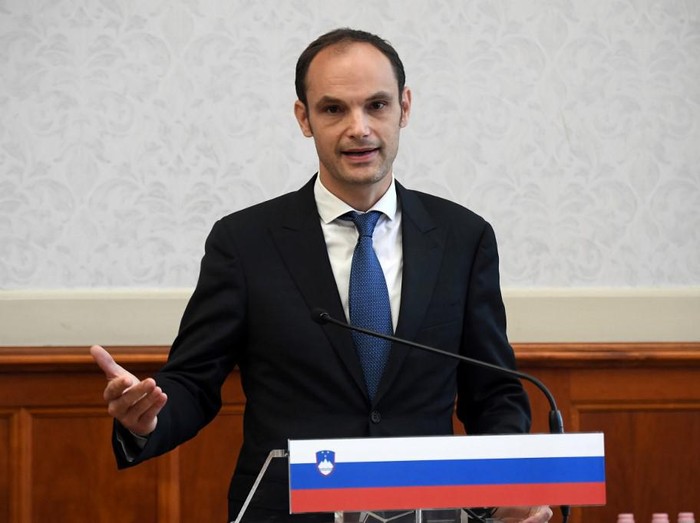 Foreign Minister Anze Logar of Slovenia speaks during a press conference following talks with some of his counterparts in Budapest, Hungary on July 14, 2020. (Photo by ATTILA KISBENEDEK / AFP)