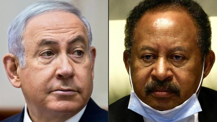 (COMBO) This combination of pictures created on October 24, 2020 shows (L to R) Israeli Prime Minister Benjamin Netanyahu during a cabinet meeting in Jerusalem on July 29, 2018; and Sudans Prime Minister Abdullah Hamduk during a meeting in the capital Khartoum on July 26, 2020. - Sudan and Israel agreed on Otober 23 to normalise relations, in a US-brokered deal to end decades of hostility that was widely welcomed but stirred Palestinian anger. The announcement makes Sudan, technically at war with Israel since its 1948 foundation, the fifth Arab country to forge diplomatic relations with the Jewish state. (Photos by Sebastian Scheiner and ASHRAF SHAZLY / various sources / AFP)