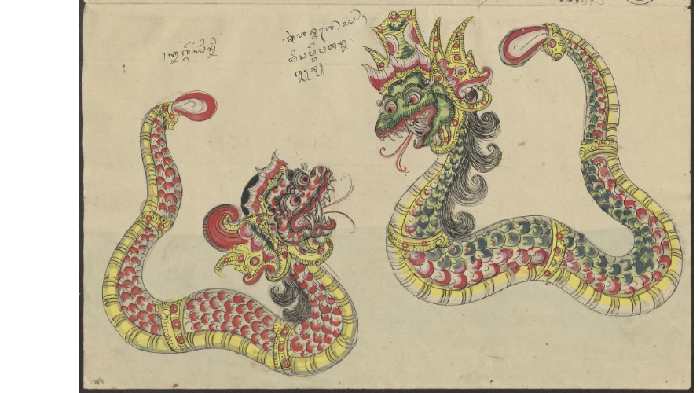 Nagagini yang masih belum menjelma menjadi gadis cantik, berbicara kepada ayahandanya, Sang Hyang Antaboga. (Creative Commons/I Ketut Gede/Leiden University Digital Library)