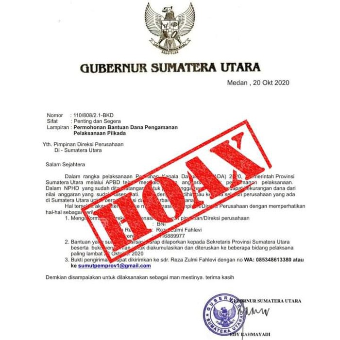 Surat hoax Gubsu minta dana pengamanan Pilkada ke perusahaan (Foto: dok. Pemprov Sumut))