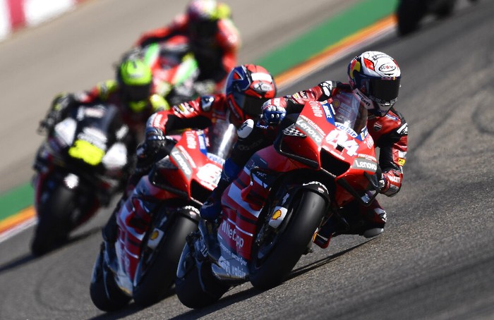 Italys Andrea Dovizioso rides his Ducati during the Aragon Motorcycle Grand Prix at the Motorland circuit in Alcaniz, Spain, Sunday, Oct. 18, 2020. (AP Photo/Jose Breton)