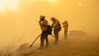 Menurut Otoritas Kebakaran setempat, dua orang petugas pemadam kebakaran terluka parah saat memerangi kobaran api. Leonard Ortiz/The Orange County Register via AP  