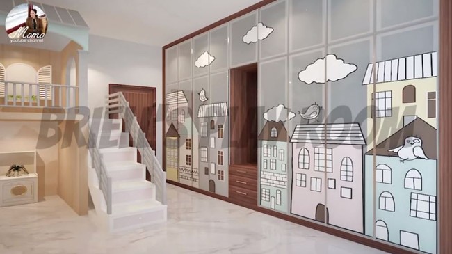 Di ruang bermain tersebut juga nantinya akan ada sebuah lemari yang besar. Namun agar tidak terlihat seperti lemari dan sesuai dengan konsep dari ruang bermain, maka lemari itu nantinya akan diberi tempelan stiker. Foto: YouTube/Momo Youtube Channel