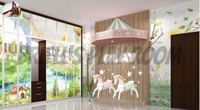 Agar ruang bermain terlihat lebih cantik, Momo memilih untuk menempelkan stiker dan wallpaper di hampir setiap area. Bikin jadi ingin ikutan bermain di ruang bermain anaknya Momo ya.. Foto: YouTube/Momo Youtube Channel