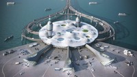 Bandar antariksa atau bandariksa dibangun mengapung di atas pulau. Desain gedungnya begitu mewah berlatarkan langit ibu kota Jepang. (Space Port Japan Association, Dentsu, Canaria and Noiz Architects)