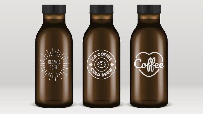 Cold brew coffee bottles. Realistic transparent glass bottles of ice coffee with vintage brand logos.