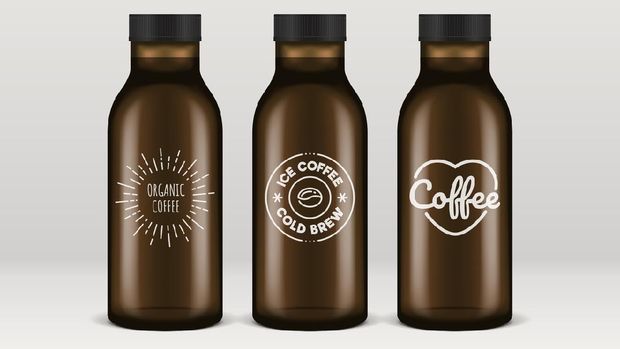 Cold brew coffee bottles. Realistic transparent glass bottles of ice coffee with vintage brand logos.