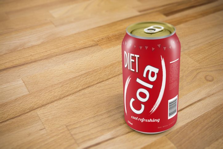 A generic can of diet cola on a wooden table. Original design with release.