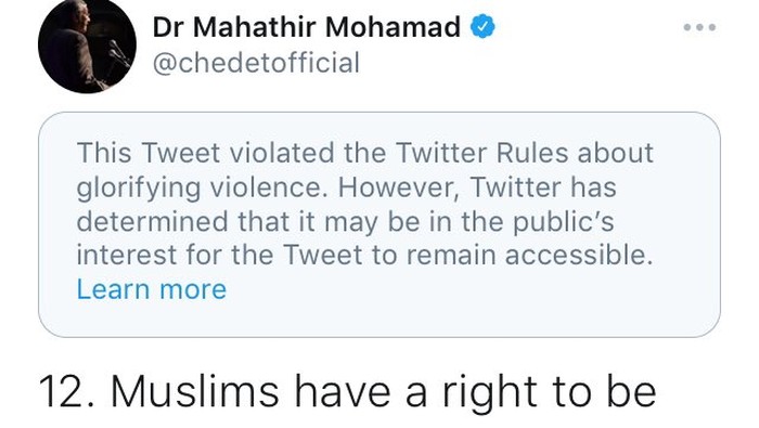 Tweet Mahathir Soal Prancis Dihapus Twitter