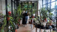Para pengunjung pameran melihat koleksi tanaman hias di Plantee Coffee, Jl Ciputat Raya, Jakarta Selatan, Sabtu (31/10/2020).