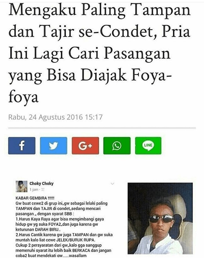 Pria paling tampan dan tajir se-Condet nih lagi cari pasangan. Ada yang mau?Foto: Facebook