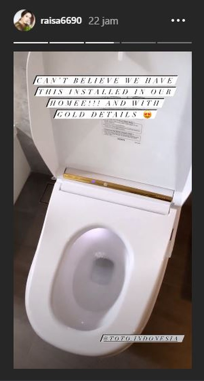 Bagian kloset duduk dalam kamar mandinya pun memiliki sedikit sentuhan warna gold. Tak hanya itu saja, klosetnya pun cukup canggih karena bisa membuka secara otomatis ketika ada orang yang masuk. Foto: Instagram/@raisa6690