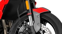   Dari sektor kaki-kaki, Trident menggunakan pelek lima palang. Sedangkan urusan sokbreker, bagian depan upside down keluaran Showa dengan travel roda depan 120 mm. Sementara suspensi belakang, menggunakan monoshock yang preload-nya bisa diatur. Foto: Triumph