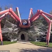 Kim Kardashian mengunggah video ke Instagram rumahnya yang mendadak berubah jadi sarang laba-laba raksasa. Dalam video Instagram itu terlihat rumah Kim seperti diterkam laba-laba ukuran super besar berwarna merah. Foto: Instagram @kimkardashian