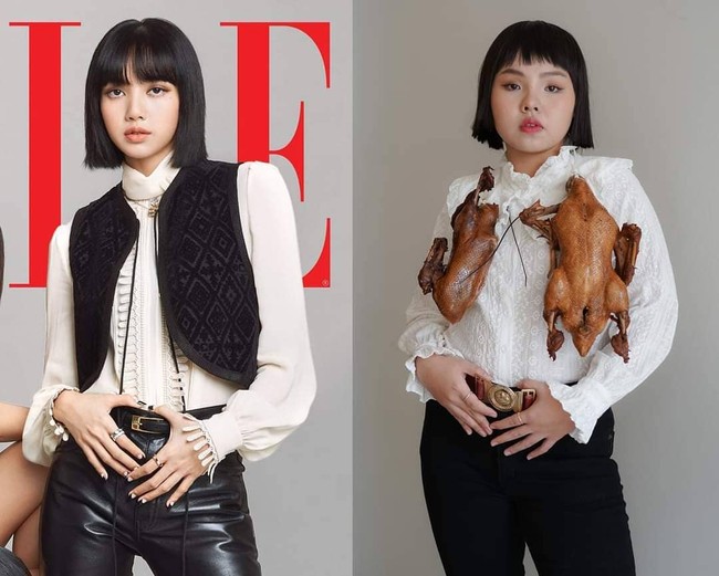Selain perkakas rumah tangga, makanan pun dimanfaatkan oleh dia untuk mengekspresikan imajinasinya yang liar. Meneri gaya Lisa Blackpink di sampul majalah Elle, pemilik akun Framsook berpose dengan ayam panggang. (Foto: Instagram/@framsook_lek_lek)