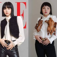 Selain perkakas rumah tangga, makanan pun dimanfaatkan oleh dia untuk mengekspresikan imajinasinya yang liar. Meneri gaya Lisa Blackpink di sampul majalah Elle, pemilik akun Framsook berpose dengan ayam panggang. (Foto: Instagram/@framsook_lek_lek)