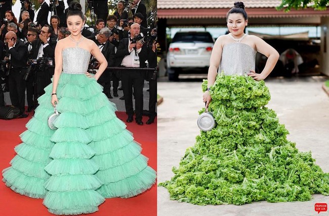 Ada pula foto yang memperlihatkan dia menjiplak gaya aktris Fan Bing Bing di karpet merah Cannes Film Festival 2018. Sang aktris anggun dalam balutan gaun rancangan Ali Karoui yang penuh ruffle pada bagian rok. Bedanya, gaun versi @Framsook_lek_lek hadir dengan rok yang terbuat dari selada. (Foto: Instagram/@framsook_lek_lek)