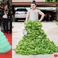 Ada pula foto yang memperlihatkan dia menjiplak gaya aktris Fan Bing Bing di karpet merah Cannes Film Festival 2018. Sang aktris anggun dalam balutan gaun rancangan Ali Karoui yang penuh ruffle pada bagian rok. Bedanya, gaun versi @Framsook_lek_lek hadir dengan rok yang terbuat dari selada. (Foto: Instagram/@framsook_lek_lek)