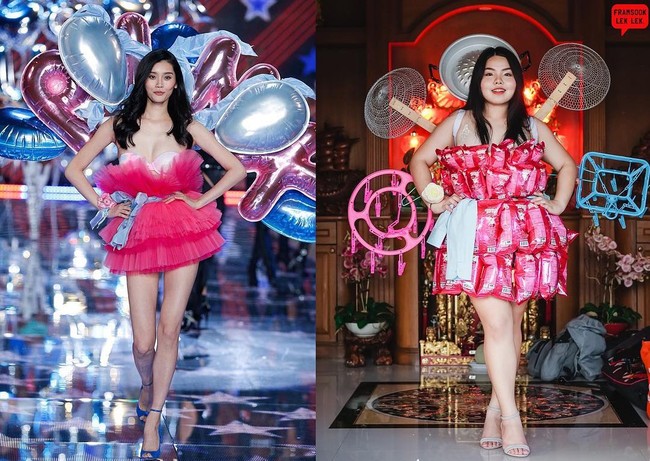 Foto berikutnya, gaya model Ming Xi di Victorias Secret Fashion Show dibuat dalam versi low cost dengan kombinasi peralatan dapur, gantungan jemuran, dan bungkus deterjen. Hasilnya tetap seksi yah? (Foto: Instagram/@framsook_lek_lek)