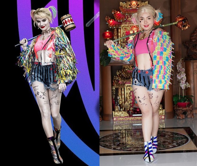 Gaya heboh Harley Quinn versi Framsook_lek_lek adalah baju warna-warni yang terbuat dari jepitan pakaian. (Foto: Instagram/@framsook_lek_lek)