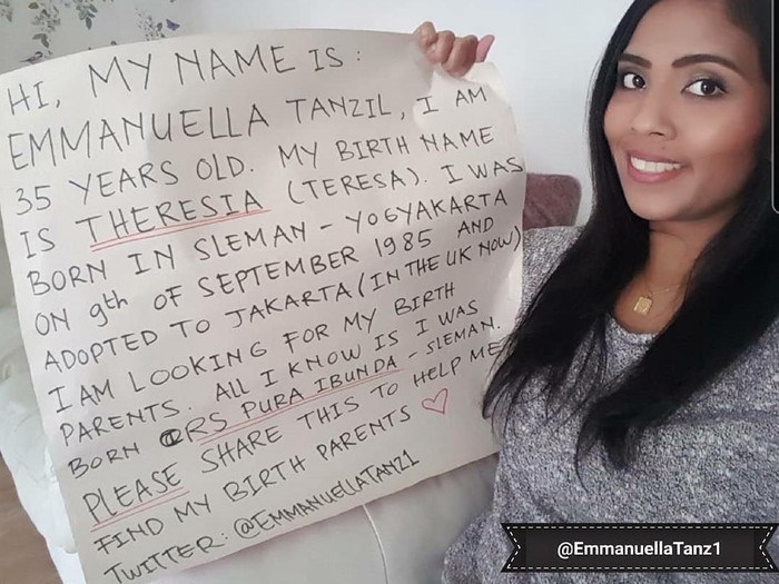 Postingan Emmanuella Tanzil yang mencari orang tua kandungnya.