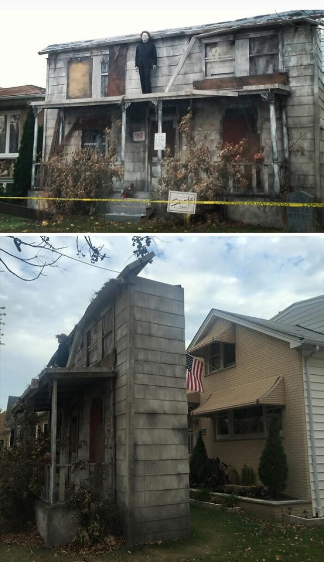 Bukan hanya Steven yang menunjukkan totalitasnya mendekorasi rumah untuk Halloween. Masih di Amerika Serikat, rumah ini dihias seperti sudah lapuk. Lebih menyeramkannya lagi, ada boneka berukuran manusia bentuk Michael Myers, tokoh villain di film Halloween. Foto: Reddit, Boredpanda