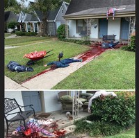 Bagian depan rumah Steven tak kalah menyeramkan. Tampak mayat-mayat bergelimpangan seperti baru dibantai. Darah pun berceceran. Polisi sampai datang untuk mengecek rumahnya karena laporan dari beberapa warga yang mengira ada pembunuhan sungguhan. Foto: Reddit, Boredpanda