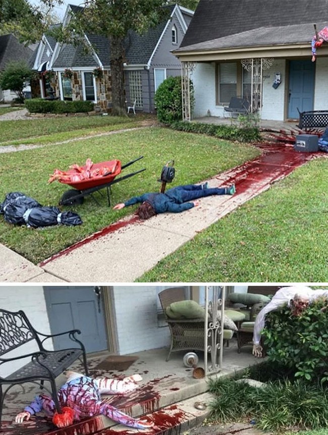 Bagian depan rumah Steven tak kalah menyeramkan. Tampak mayat-mayat bergelimpangan seperti baru dibantai. Darah pun berceceran. Polisi sampai datang untuk mengecek rumahnya karena laporan dari beberapa warga yang mengira ada pembunuhan sungguhan. Foto: Reddit, Boredpanda