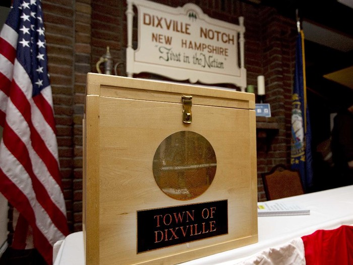 FILE - In this Monday, Nov. 7, 2016, file photo, a ballot box is set for residents in Dixville Notch, N.H., to vote at midnight. Two tiny New Hampshire communities that vote for president just after the stroke of midnight on Election Day, including Dixville Notch, cast their ballots just after midnight, Tuesday, Nov. 3, 2020. (AP Photo/Jim Cole, File)