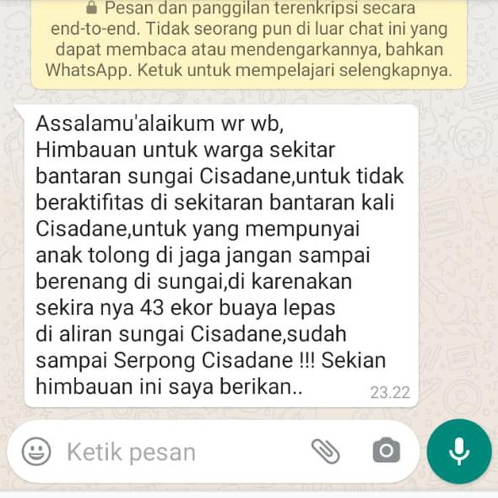 Pesan berantai soal 43 ekor buaya di penangkaran Bogor terlepas dan menuju Tangerang (tangkapan layar)