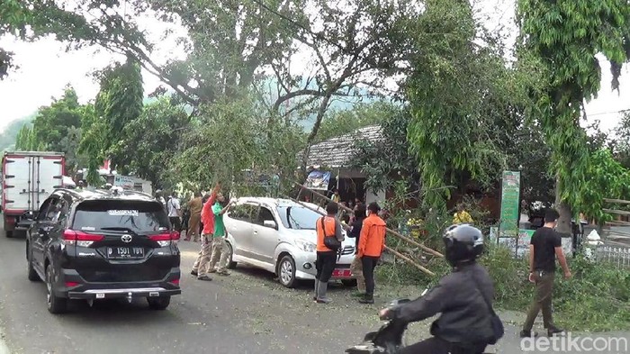 Pohon tumbang menimpa dua unit mobil yang melintas di Sumedang