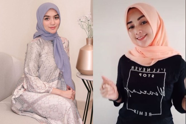 Sama-sama mengenakan hijab, wajah Riena Irmayanti dan Citra Kirana terlihat sangat mirip bak saudara kembar. Foto: Instagram/@citraciki & TikTok/@na_1979
